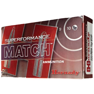 Hornady Superformance Match 223 Rem 75 gr BTHP ammunition box, 20 rounds
