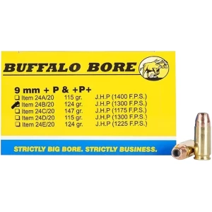 Buffalo Bore 24B20 9mm Luger +P+ 124gr JHP ammunition box, 20 rounds