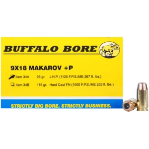 Buffalo Bore 34A20 9x18Makarov +P 95gr Jacketed Hollow Point ammunition box