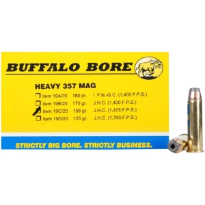 Buffalo Bore 19C20 .357 Magnum 158 gr JHP ammunition box, 20 rounds
