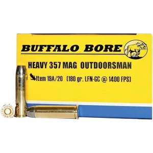 Buffalo Bore Outdoorsman .357 Magnum 180gr Hard Cast Flat Nose ammunition box and rounds