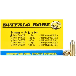 Buffalo Bore 24A20 9mm Luger +P+ 115 gr jacketed hollow point ammunition 20 per box