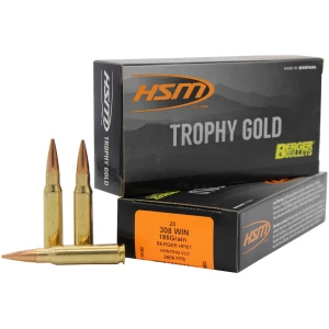 Box of HSM Trophy Gold .308 Win 185 gr Berger Hunting VLD ammunition, 20 rounds