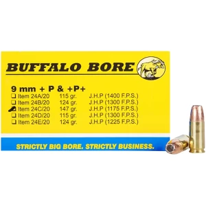 Buffalo Bore 24C20 9mm +P+ 147gr JHP ammunition box, 20 rounds