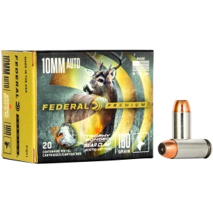 Federal Premium Vital-Shok 10mm Auto 180gr Trophy Bonded JSP ammunition box and rounds, 20rd