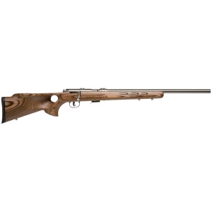 Savage 93 BTVS .22 WMR bolt-action rifle with brown laminate thumbhole stock and satin stainless heavy barrel