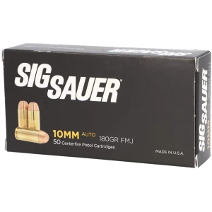 Sig Sauer Elite Ball 10mm 180gr FMJ ammunition 50rd box, brass case, 1250 fps