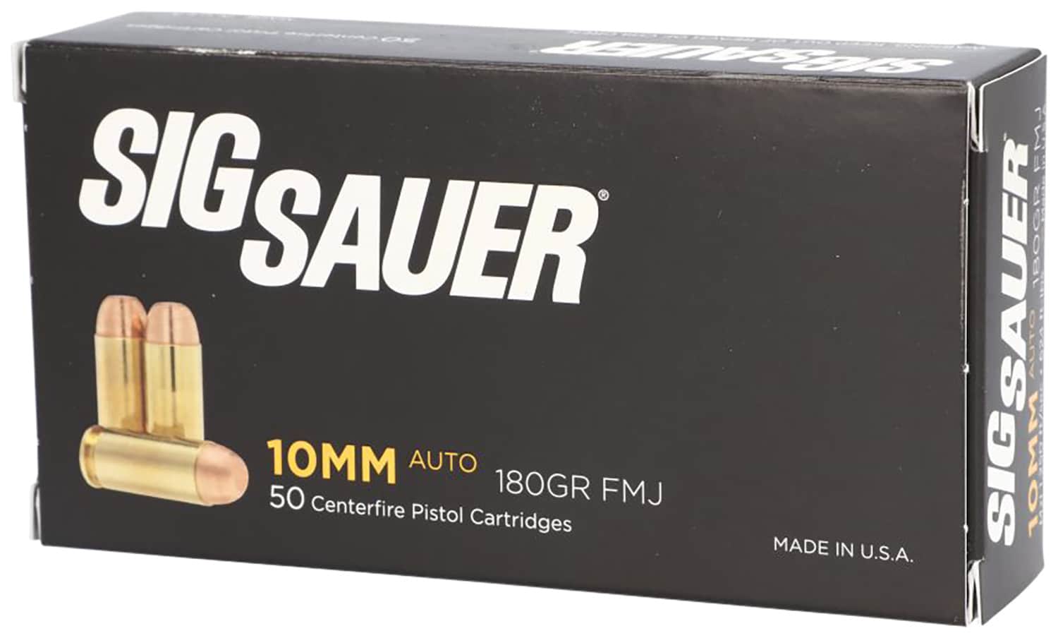 Sig Sauer Elite Ball 10mm 180gr FMJ ammunition 50rd box, brass case, 1250 fps