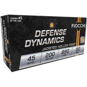 Fiocchi .45 ACP 200gr JHP 50-round box brass-cased defense ammunition