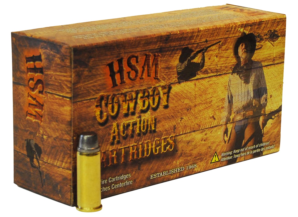 Box of HSM Cowboy Action .44 S&W Special 240 gr SWC ammunition, 50 rounds