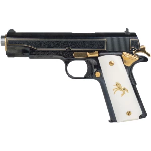 Colt CLT Classic 1911 45ACP polished gold engraved pistol with white presentation grips