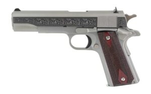 Colt 1911C .38 Super 5-inch stainless engraved with filigree and checkered rosewood grips