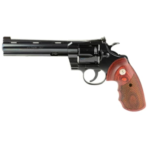 Colt Python 6-inch blued revolver with snake scale walnut grips
