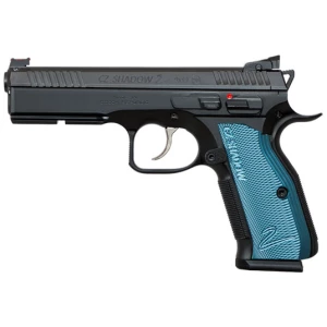 CZ Shadow 2 9mm pistol, black slide with blue aluminum grips, 4.89 in barrel