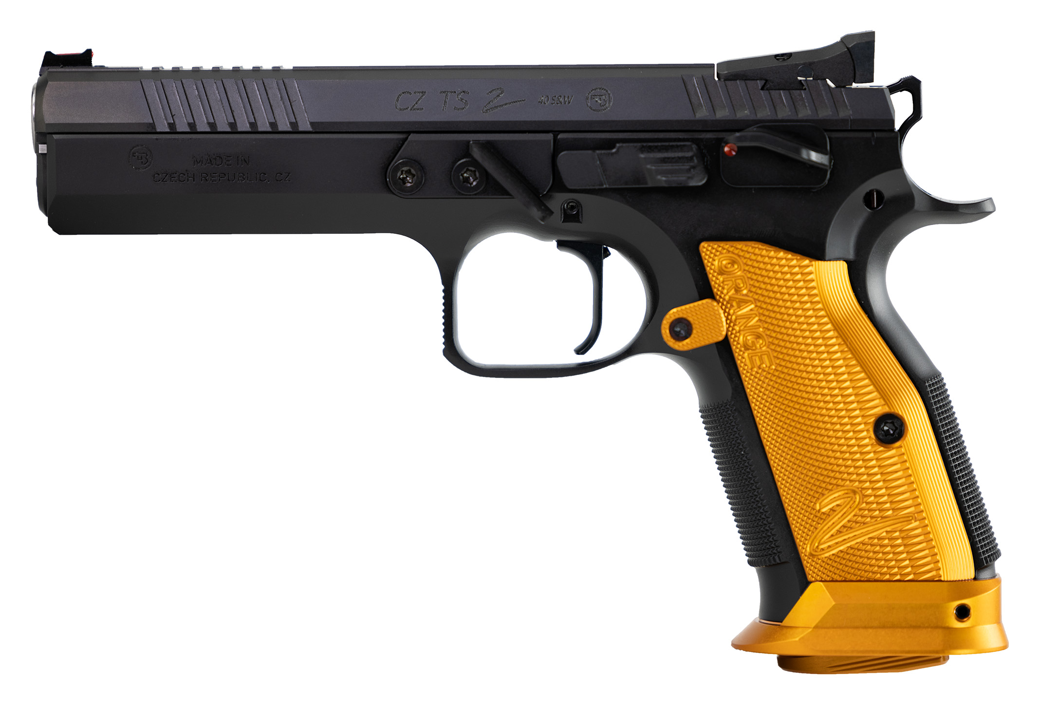 CZ TS2 Orange .40 S&W pistol with orange checkered aluminum grips and 5.20 in bull barrel