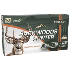 Fiocchi Backwoods Hunter .243 Win 80 gr CHP ammunition box and cartridges