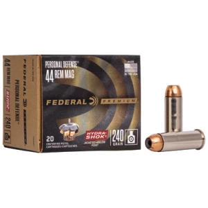 Federal Premium Hydra-Shok .44 Rem Mag 240 gr JHP ammunition box and rounds