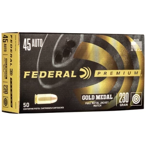 Box of Federal Gold Medal .45 ACP 230 gr FMJ match ammunition, 50 rounds