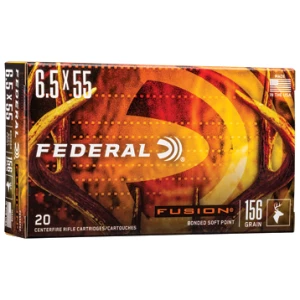 Federal Fusion 6.5x55 Swedish 156gr Soft Point rifle ammunition box and cartridges