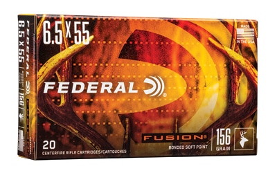 Federal Fusion 6.5x55 Swedish 156gr Soft Point rifle ammunition box and cartridges