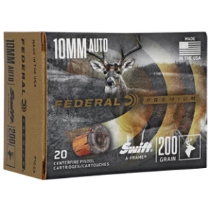 Federal Swift A-Frame 10mm 200 gr JHP ammunition box and rounds, 20 per box
