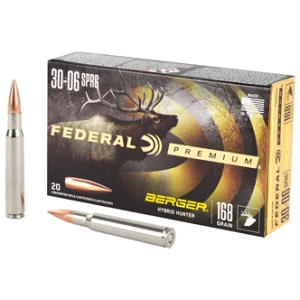 Box of Federal Premium 30-06 Springfield 168 gr Berger Hybrid Hunter ammunition, 20 rounds