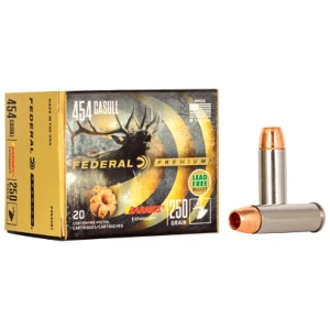 Federal Premium Vital-Shok .454 Casull 250 gr Barnes Expander BRX ammunition box and rounds
