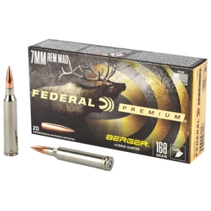 Federal Premium 7mm Rem Mag 168gr Berger Hybrid Hunter ammunition box, 20 rounds