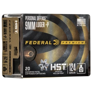 Federal Premium HST 9mm Luger +P 124 gr JHP ammunition box, 20 rounds