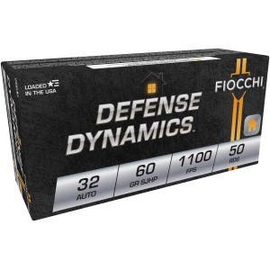 Fiocchi .32 ACP 60gr Jacketed Hollow Point ammo box, 50 rounds