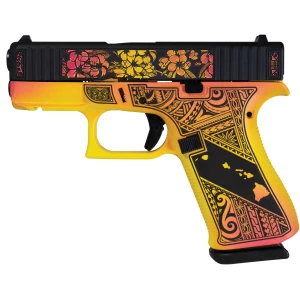 Glock G43X Hawaiian Shark Coast Tactical red yellow Cerakote with Hawaiian engravings