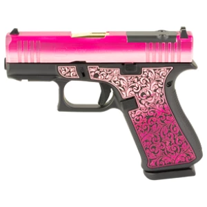GLOCK 43X 9mm subcompact pistol with Lady Bug Cerakote finish and Zaffiri Precision gold barrel