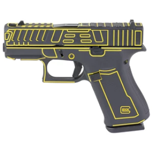Glock 43X Outlander Yellow Cerakote 9mm pistol side view with cut slide