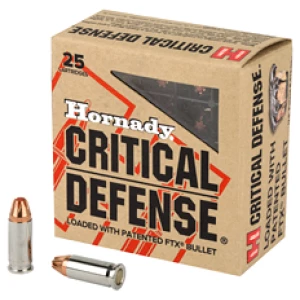 Hornady Critical Defense .25 ACP 35 gr FTX ammunition packaging and cartridges