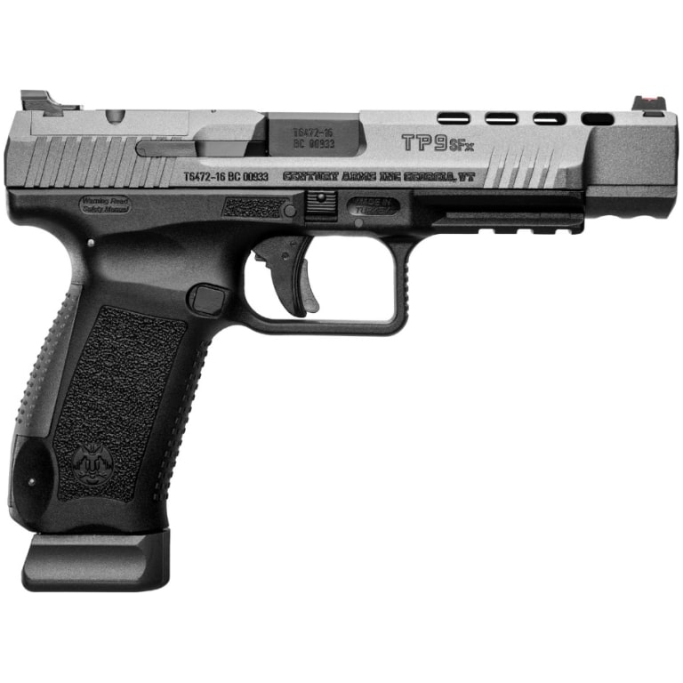 Canik TP9SFx 9mm 5.2-inch Tungsten Gray pistol with optic-cut slide, side view
