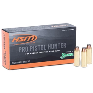 HSM Pro Pistol 210gr JHC ammunition box showing product labeling