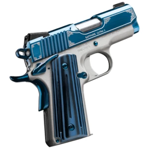 Kimber Sapphire Ultra II 9mm 3 in pistol with bright blue PVD slide and satin silver frame