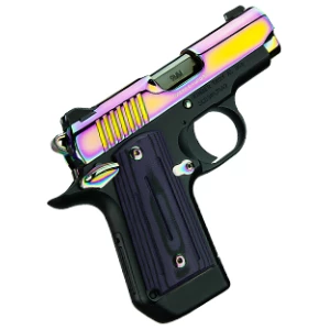 Kimber Micro 9 Aurora 9mm pistol with Aurora multi-color PVD slide and Black/Purple G10 grips