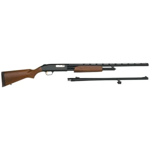Mossberg 500 20 Gauge Field/Deer Combo with 26in vent-rib and 24in rifled slug barrels, blued finish, hardwood stock