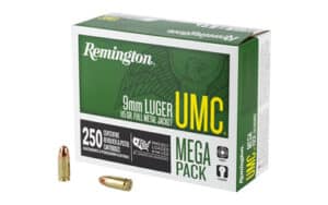 Box of Remington UMC 9mm Luger 115 gr FMJ ammunition, 250 rounds