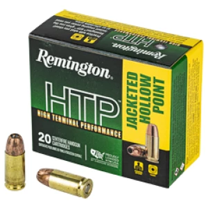 Remington HTP 9mm Luger +P 115 gr JHP ammunition box, 20 rounds