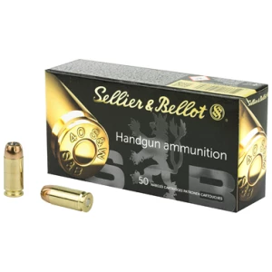 Sellier & Bellot SB40C .40 S&W 180 gr JHP ammunition box and cartridges