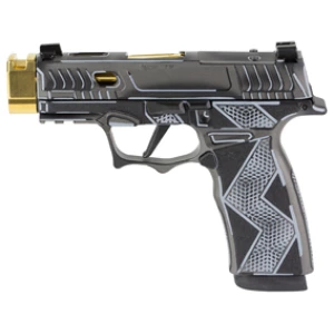 Sig Sauer P365X Komodo Anime 9mm compact pistol with Cerakote black and gold finish and compensated barrel