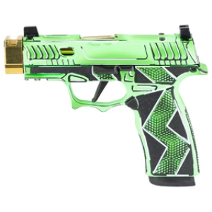 Sig Sauer Komodo Anime P365X 9mm pistol in green Cerakote with compensated barrel