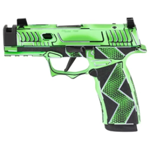 Sig Sauer SCT Anime Macro 365X 9mm pistol in green and black with compensated barrel