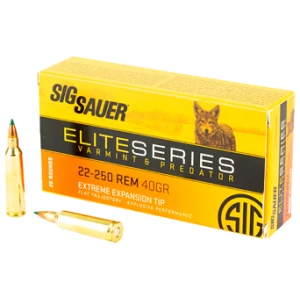 Sig Sauer Elite Series Varmint & Predator 22-250 Rem 40gr polymer tip ammunition box and rounds