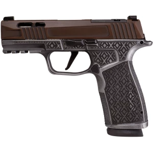 SIG Shark Coast Tactical X Debacle P365 XMACRO with brown Cerakote optic-ready slide and Zaffiri gold threaded barrel