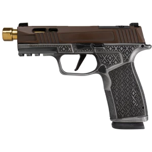 SIG Shark Coast Tactical Debacle 365XCA pistol with Zaffiri gold threaded barrel and brown Cerakote slide