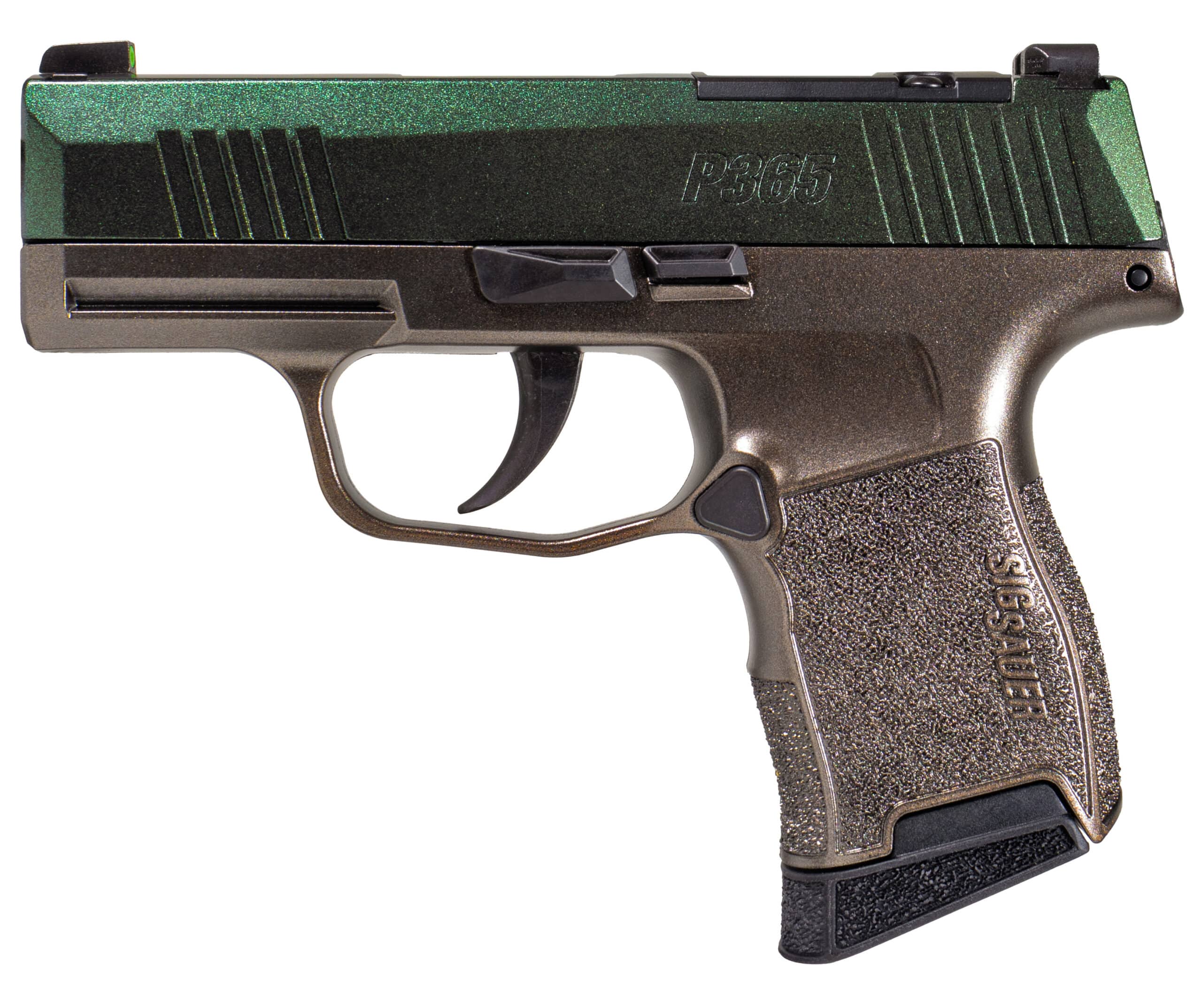 Sig Sauer Cypress Raptor P365 custom pistol with green slide and flat dark earth frame