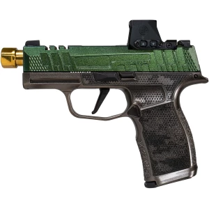 Sig Sauer Shark Coast Tactical Cypress RAP P365X with green slide, green magazine baseplate, and FDE frame